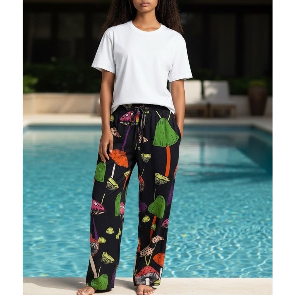 Farm Rio Silky Multicolor Mushroom Pant Elastic Waist Preppy Tropical M